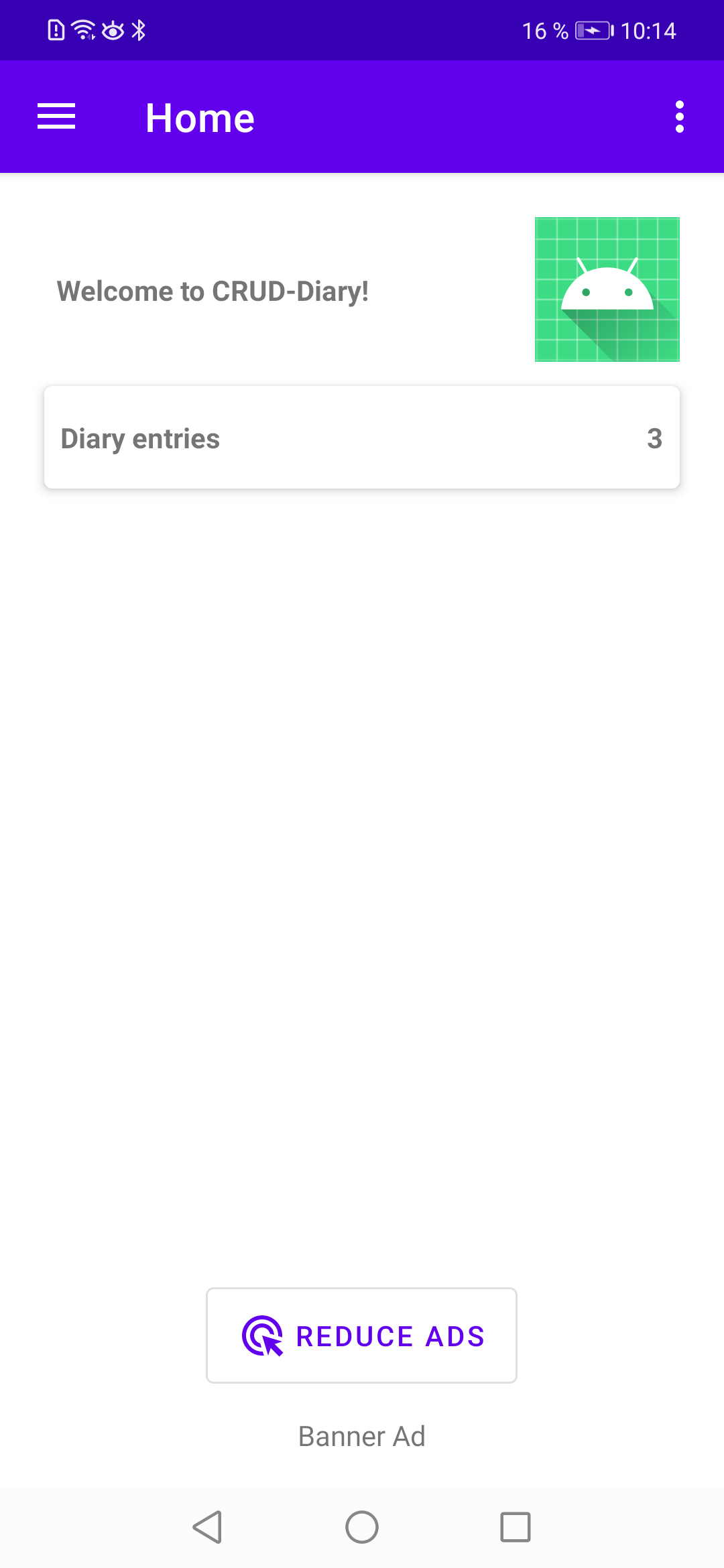 Home screen showing number of diary entries