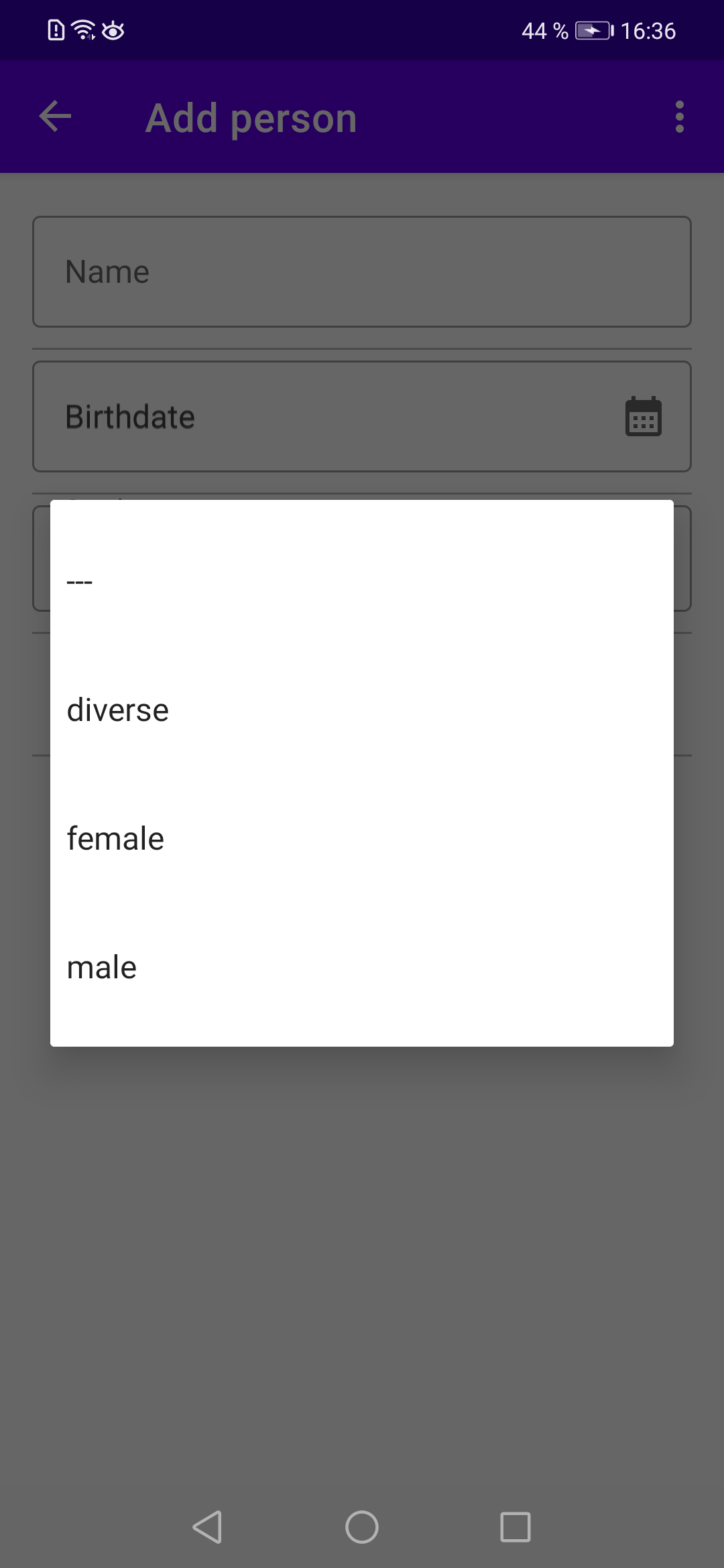 Drop down box for selecting the person’s gender